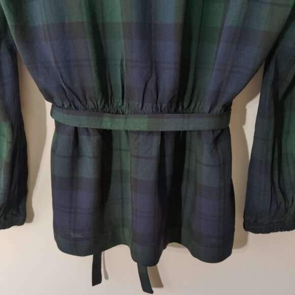 J Crew Mercantile SMALL 4 Womens Blouse Faux Wrap Green Plaid Elastic Cuffs - Picture 5 of 7
